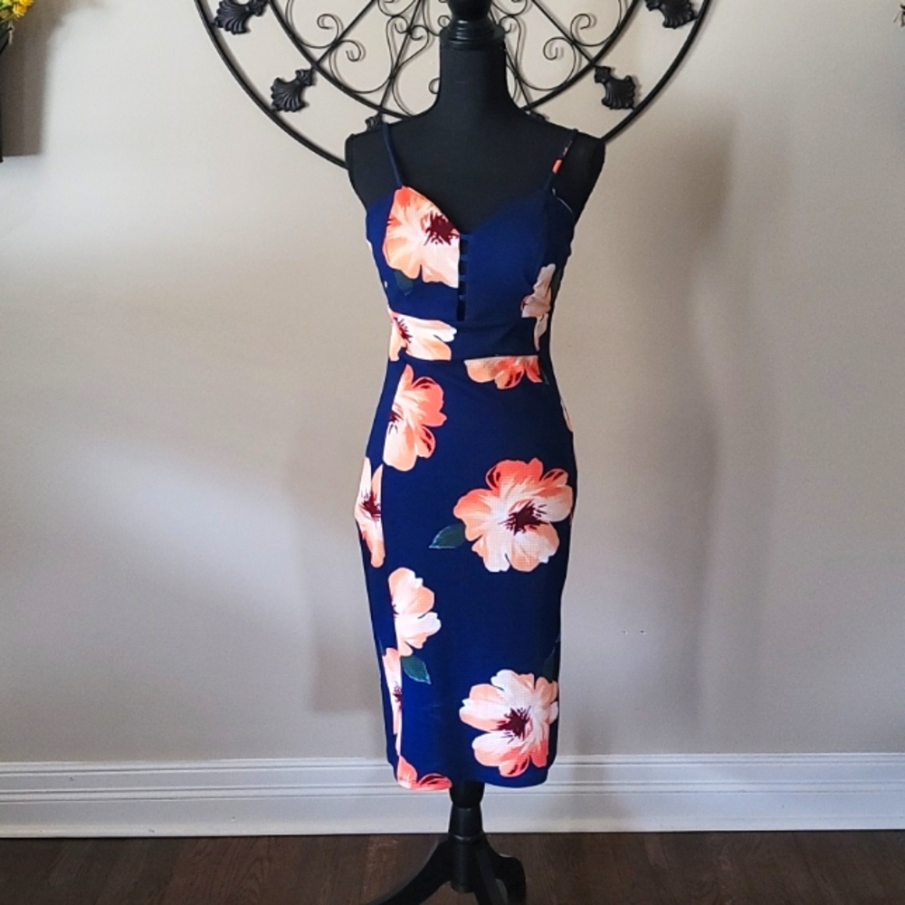 Blue/orange flowers knee length